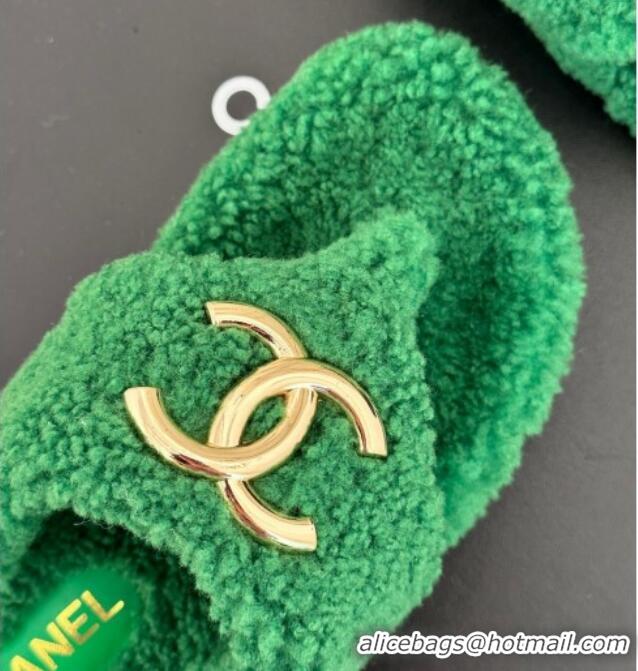 Luxurious Chanel Shearling Flat Thong Slide Sandals Green 819032