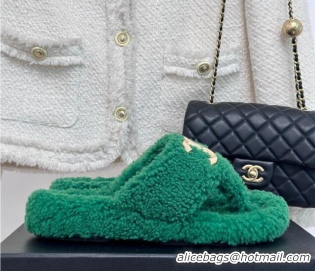 Luxurious Chanel Shearling Flat Thong Slide Sandals Green 819032