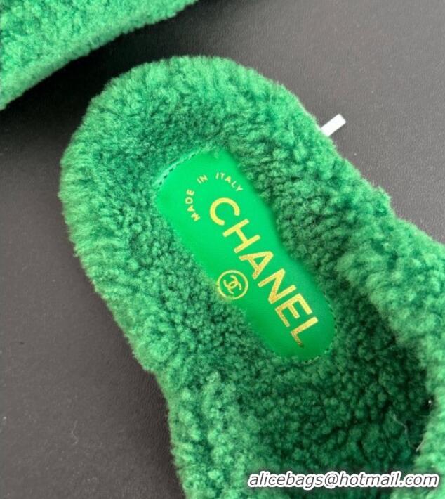 Luxurious Chanel Shearling Flat Thong Slide Sandals Green 819032