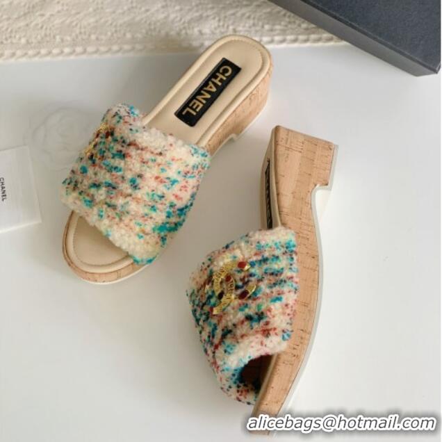 Purchase Chanel Wool Wedge Slide Sandals Beige 819036