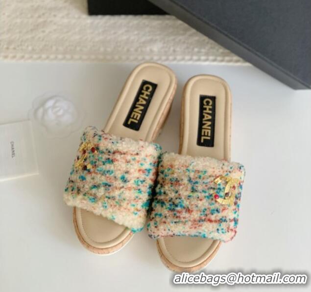 Purchase Chanel Wool Wedge Slide Sandals Beige 819036