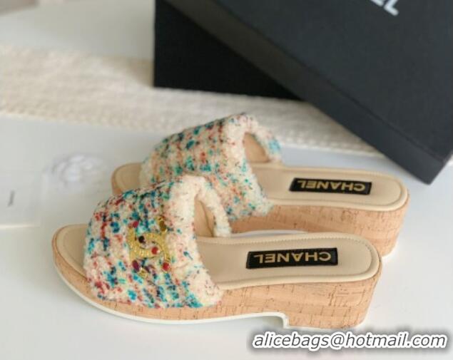 Purchase Chanel Wool Wedge Slide Sandals Beige 819036