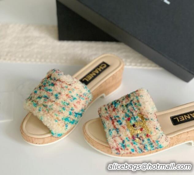 Purchase Chanel Wool Wedge Slide Sandals Beige 819036