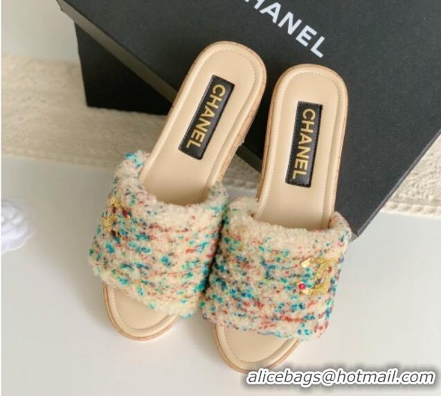 Purchase Chanel Wool Wedge Slide Sandals Beige 819036