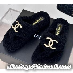 Pretty Style Chanel Shearling Flat Thong Slide Sandals Black 819033