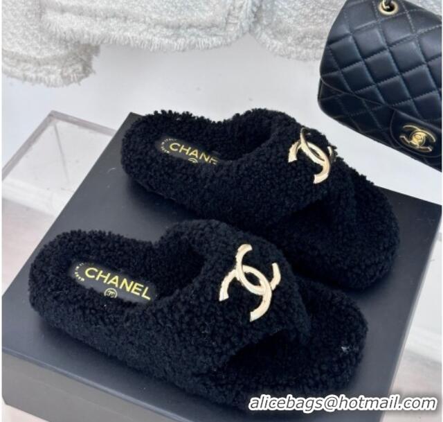 Pretty Style Chanel Shearling Flat Thong Slide Sandals Black 819033