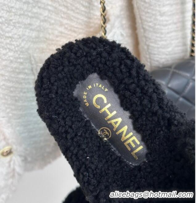 Pretty Style Chanel Shearling Flat Thong Slide Sandals Black 819033