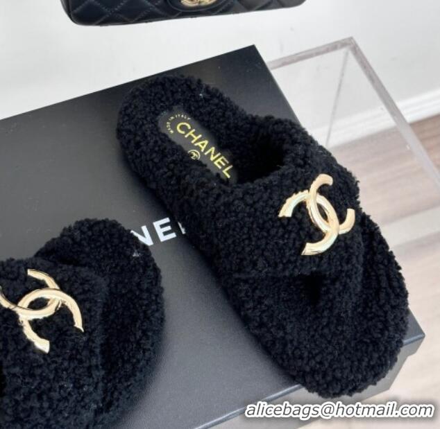 Pretty Style Chanel Shearling Flat Thong Slide Sandals Black 819033