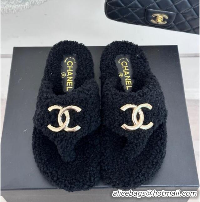 Pretty Style Chanel Shearling Flat Thong Slide Sandals Black 819033