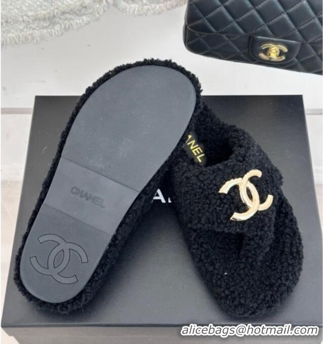 Pretty Style Chanel Shearling Flat Thong Slide Sandals Black 819033