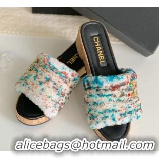 Top Grade Chanel Wool Wedge Slide Sandals White/Multicolor 819035