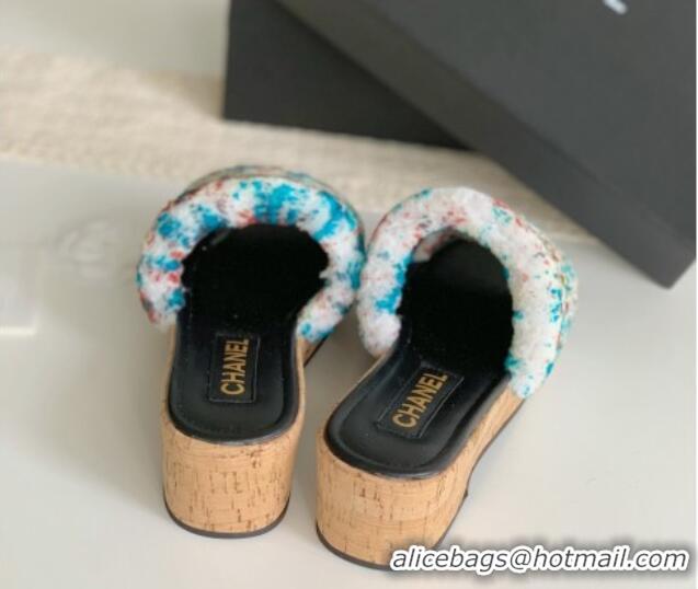 Top Grade Chanel Wool Wedge Slide Sandals White/Multicolor 819035