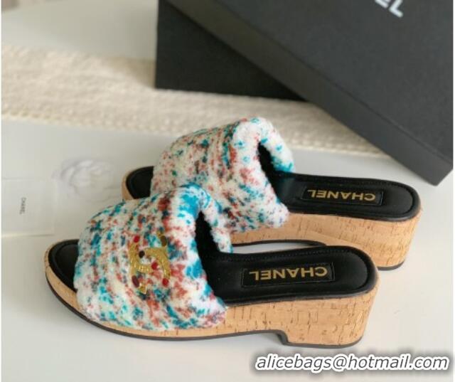 Top Grade Chanel Wool Wedge Slide Sandals White/Multicolor 819035