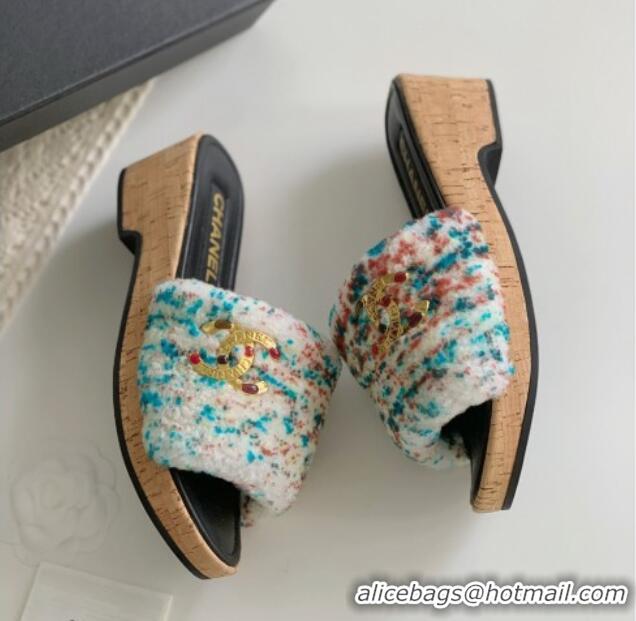 Top Grade Chanel Wool Wedge Slide Sandals White/Multicolor 819035