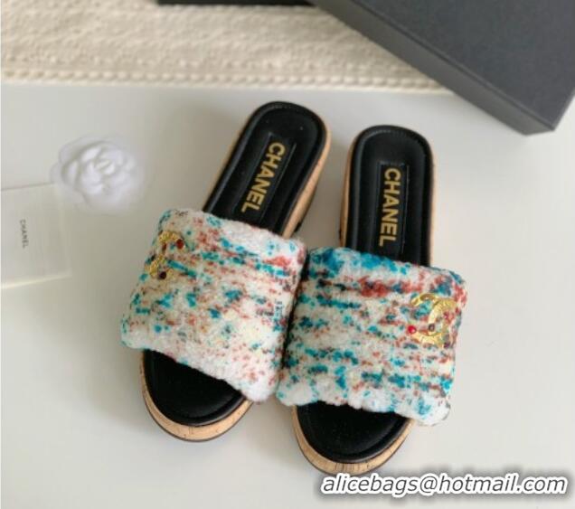 Top Grade Chanel Wool Wedge Slide Sandals White/Multicolor 819035