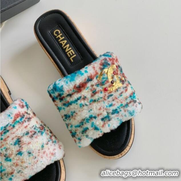 Top Grade Chanel Wool Wedge Slide Sandals White/Multicolor 819035