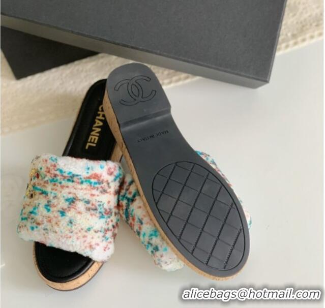 Top Grade Chanel Wool Wedge Slide Sandals White/Multicolor 819035