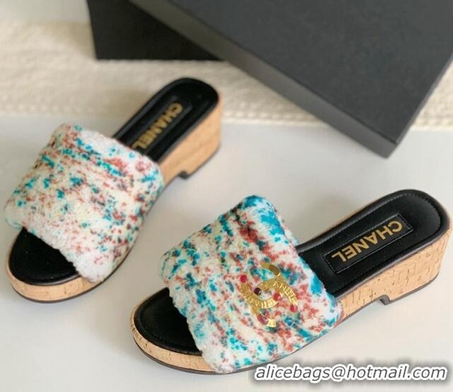 Top Grade Chanel Wool Wedge Slide Sandals White/Multicolor 819035