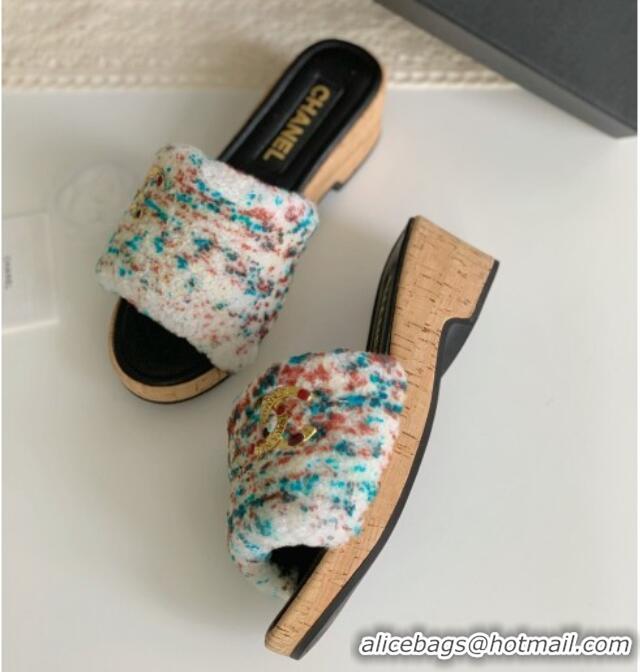 Top Grade Chanel Wool Wedge Slide Sandals White/Multicolor 819035