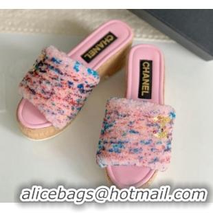 Discount Chanel Wool Wedge Slide Sandals Pink 819037