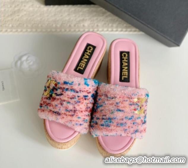 Discount Chanel Wool Wedge Slide Sandals Pink 819037