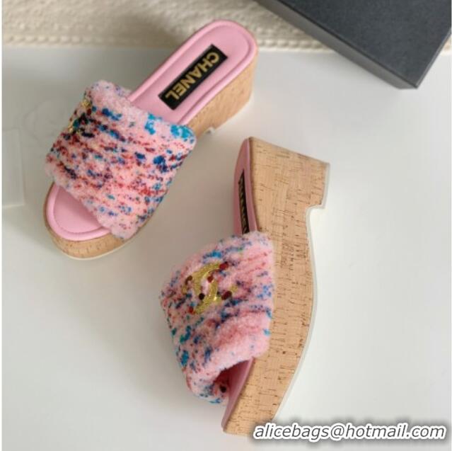 Discount Chanel Wool Wedge Slide Sandals Pink 819037