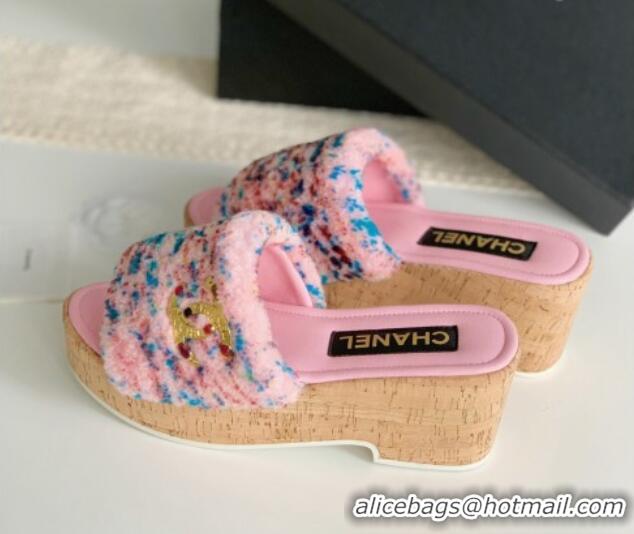 Discount Chanel Wool Wedge Slide Sandals Pink 819037