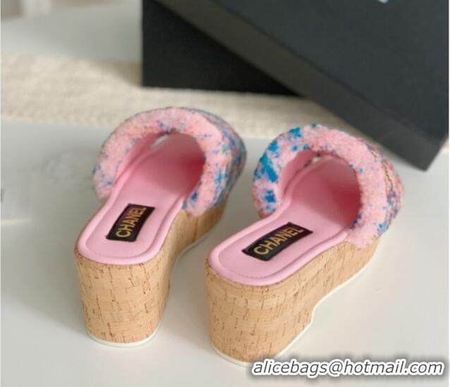 Discount Chanel Wool Wedge Slide Sandals Pink 819037