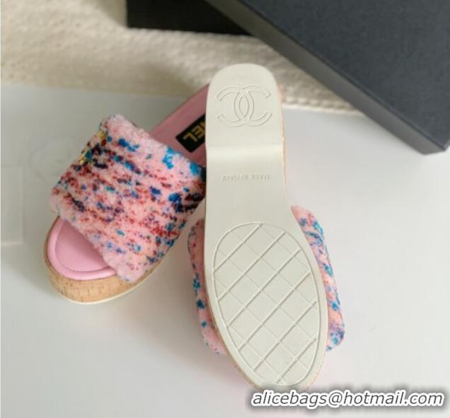 Discount Chanel Wool Wedge Slide Sandals Pink 819037