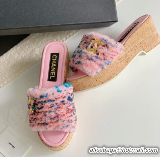 Discount Chanel Wool Wedge Slide Sandals Pink 819037