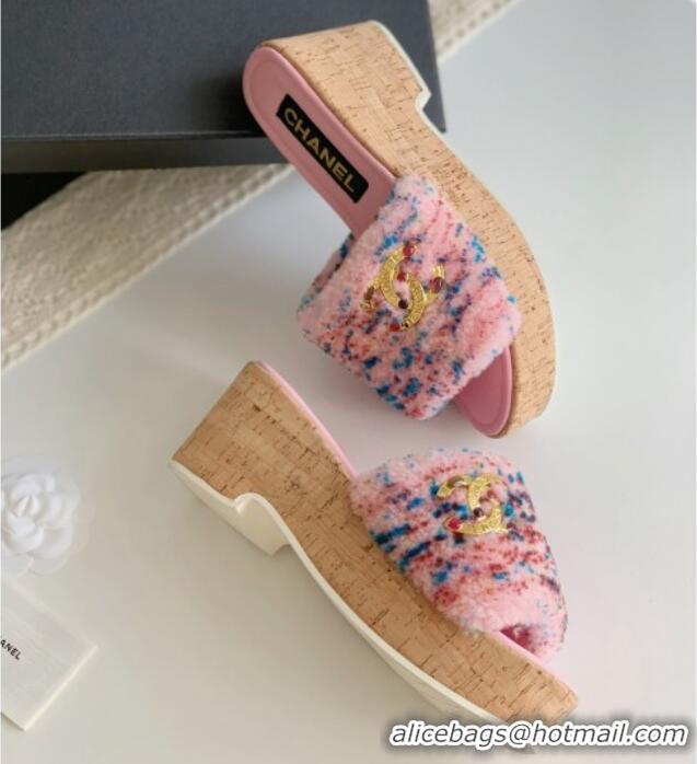 Discount Chanel Wool Wedge Slide Sandals Pink 819037