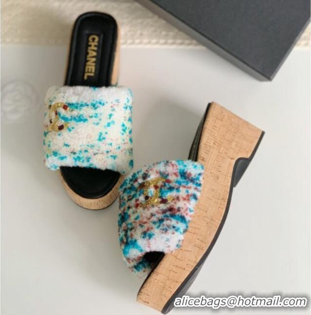 Perfect Chanel Wool Wedge Slide Sandals White/Multicolor 819038