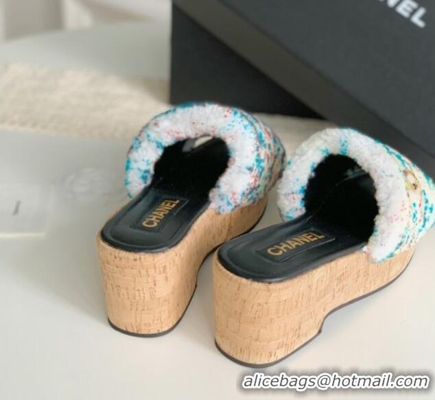 Perfect Chanel Wool Wedge Slide Sandals White/Multicolor 819038