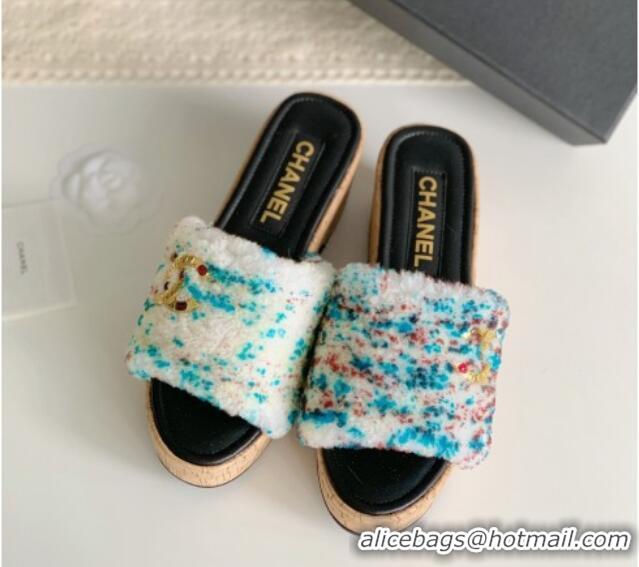 Perfect Chanel Wool Wedge Slide Sandals White/Multicolor 819038