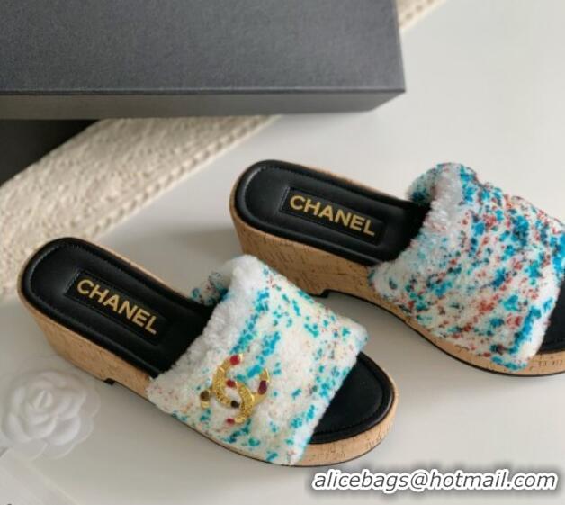 Perfect Chanel Wool Wedge Slide Sandals White/Multicolor 819038