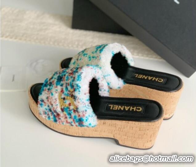 Perfect Chanel Wool Wedge Slide Sandals White/Multicolor 819038