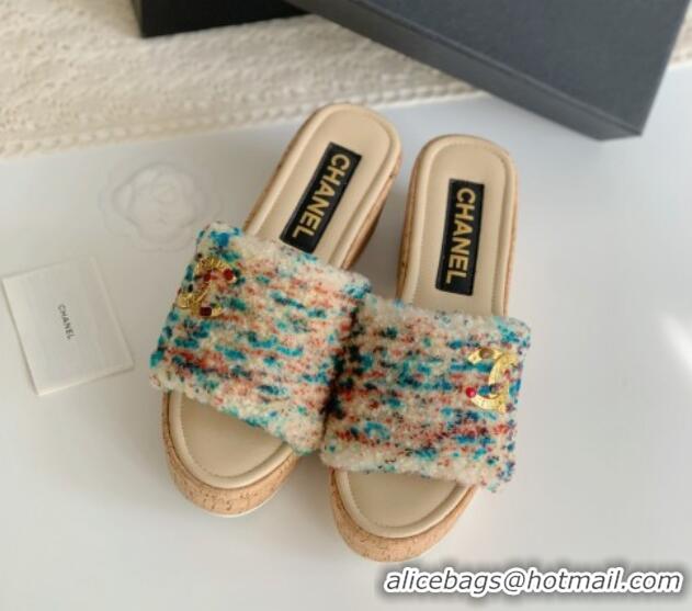 Purchase Chanel Wool Wedge Slide Sandals Beige 819039