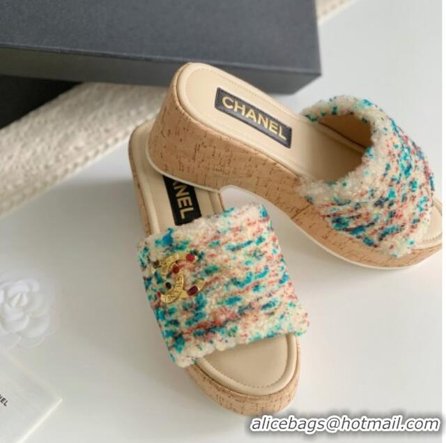 Purchase Chanel Wool Wedge Slide Sandals Beige 819039