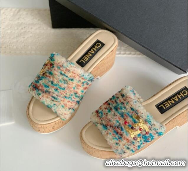 Purchase Chanel Wool Wedge Slide Sandals Beige 819039