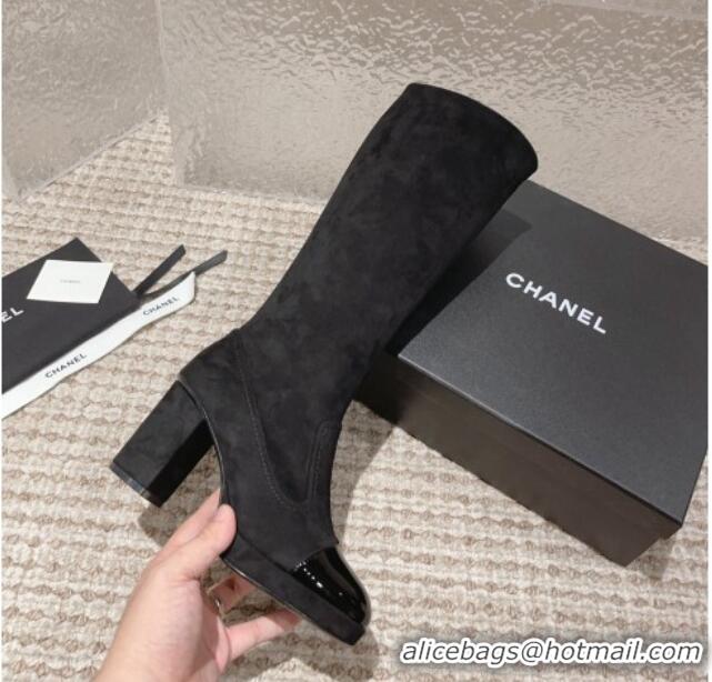 Sumptuous Chanel Patent Calfskin & Suede High Boots 8cm Black 819040