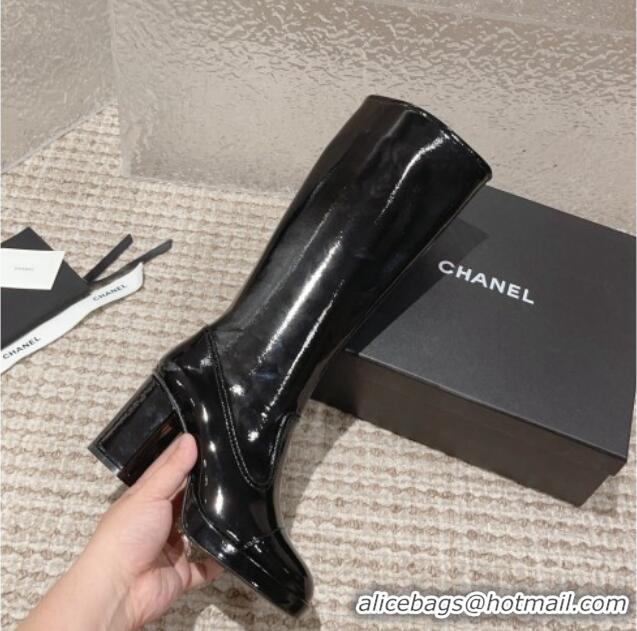 Durable Chanel Patent Calfskin High Boots 8cm Black 819041