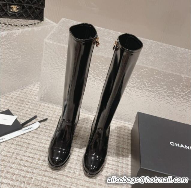 Durable Chanel Patent Calfskin High Boots 8cm Black 819041