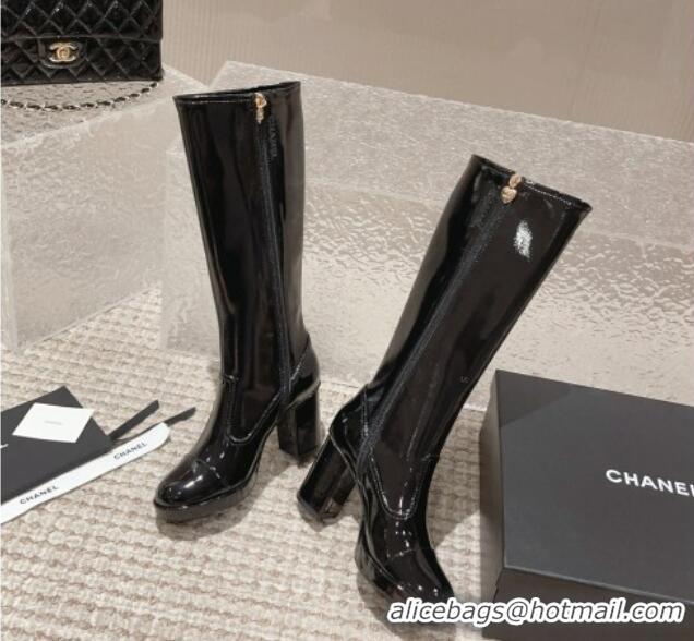 Durable Chanel Patent Calfskin High Boots 8cm Black 819041