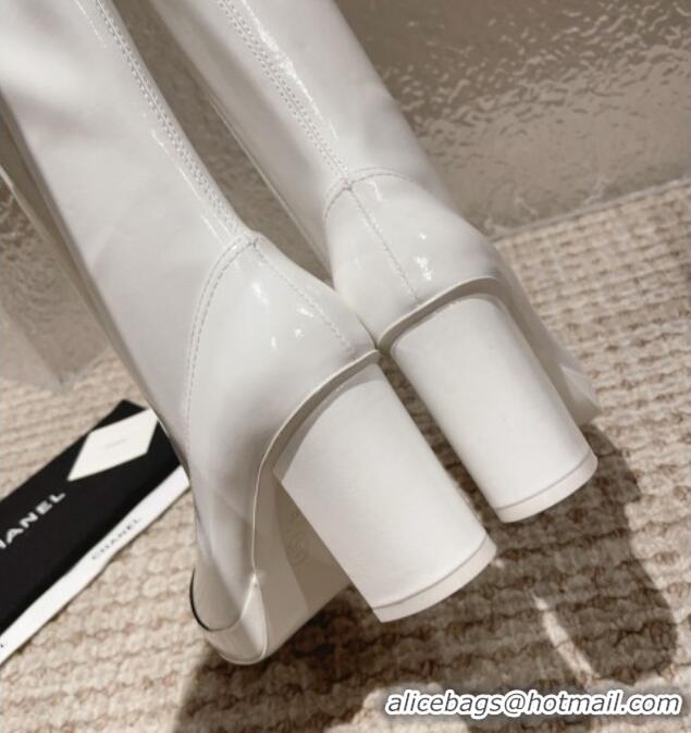 Good Looking Chanel Patent Calfskin High Boots 8cm White 819042