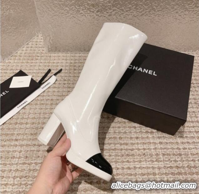 Good Looking Chanel Patent Calfskin High Boots 8cm White 819042