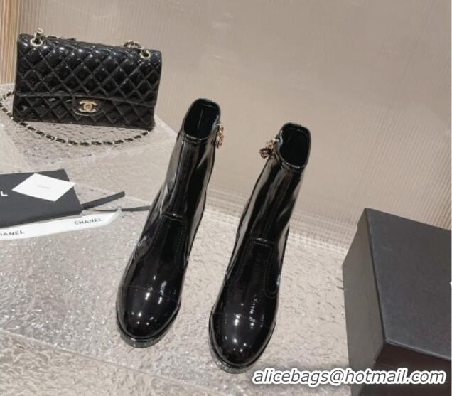 Best Grade Chanel Patent Calfskin Ankle Boots 8cm Black 0819043