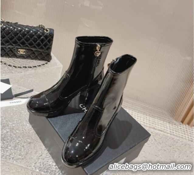 Best Grade Chanel Patent Calfskin Ankle Boots 8cm Black 0819043