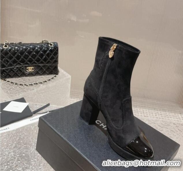 Good Quality Chanel Suede & Patent Calfskin Ankle Boots 8cm Black 819044