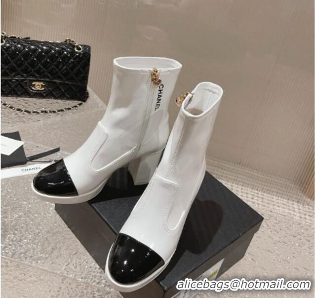 Buy Luxury Chanel Patent Calfskin Ankle Boots 8cm White 819045