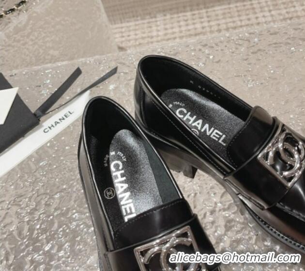 Crafted Chanel Calfskin Moccasins Loafers with Framed CC Black/Silver 819050